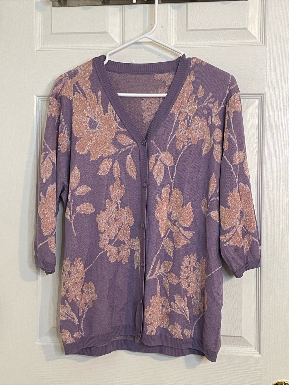 Floral Lavender Purple V-Neck Button Cardigan Sweater Size L